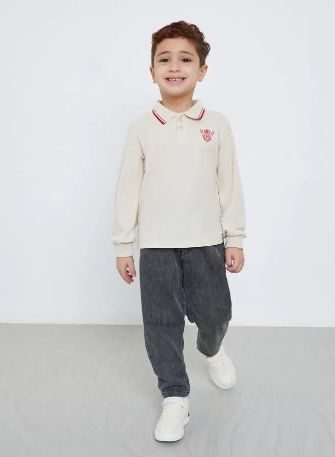 Styli Embroidered Detail Long Sleeve Tipped Polo T-Shirt